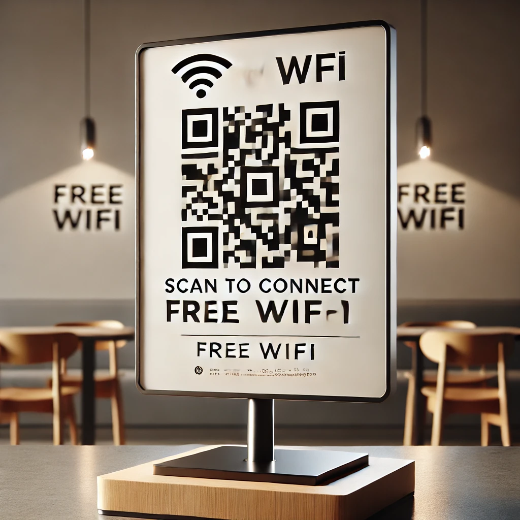 Een bordje in een restaurant waar je een QR code kan scannen om de wifi te krijgen.
