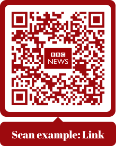 Afbeelding van een QR code in de BBC (British Broadcasting Corporation) huiskleur, met BBC logo in het midden. Onder de QR code staat de tekst 'Scan example: link'.