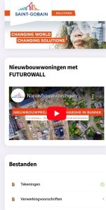 Screenshot van de landingspagina van een QR code. Hierop is het Saint Gobain logo en een Youtube video te zien met de titel 'nieuwbouwwoningen met FUTUROWALL'.