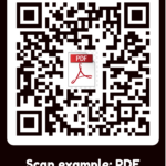 Een afbeelding van een QR code met in het midden een PDF icoon. Aan de onderkant staat de tekst 'Scan example: PDF'.