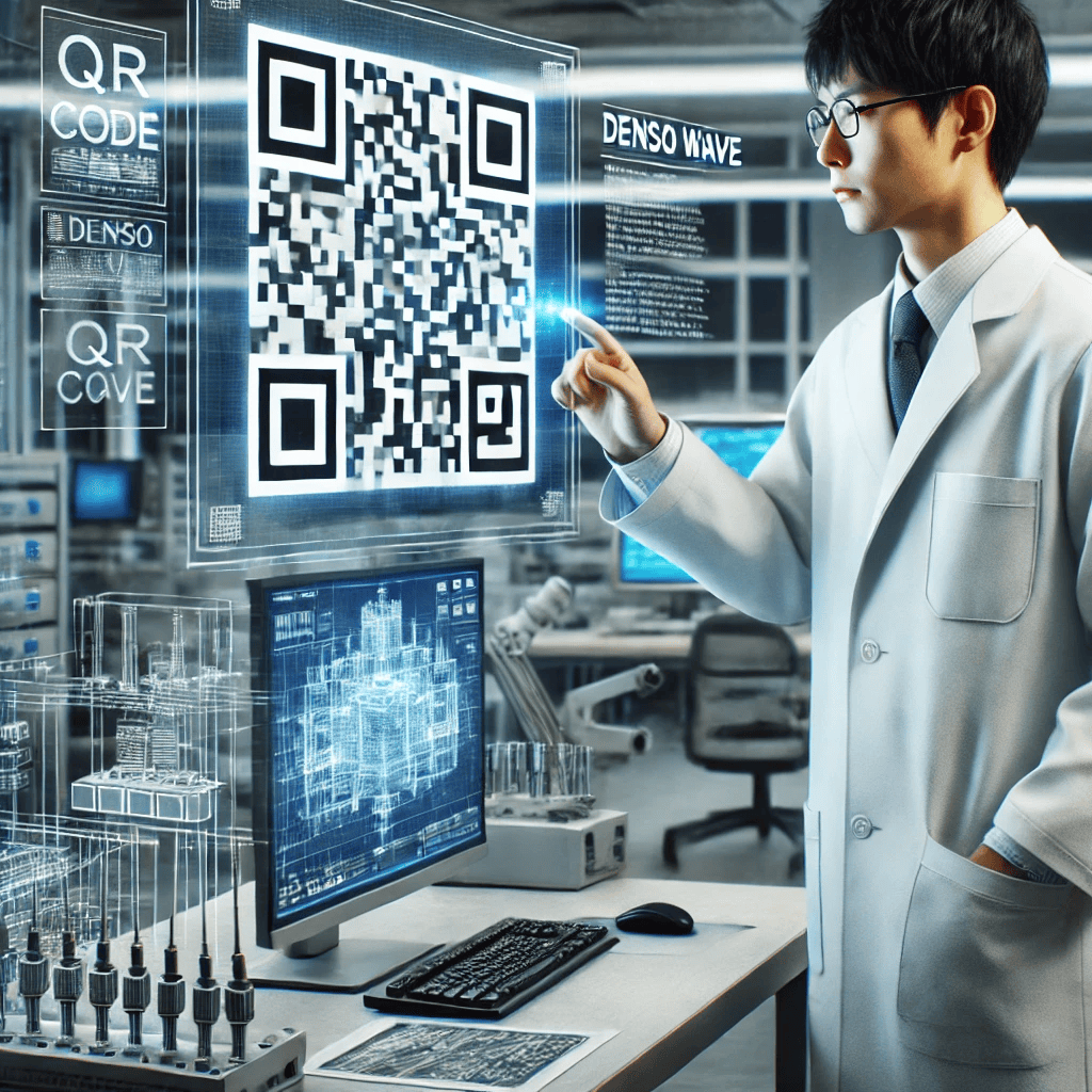 Een Japanse uitvinder in een lab is aan het werken aan een QR code