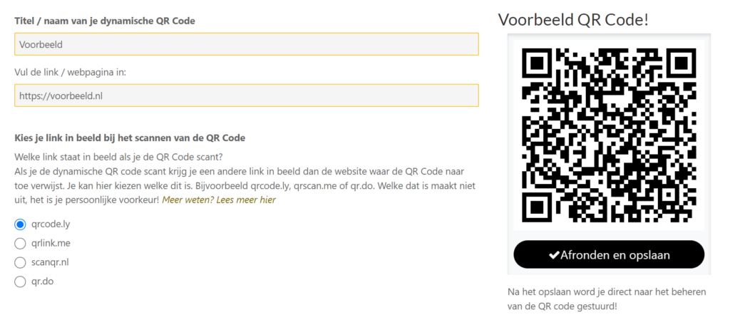 Afbeelding van het scherm waar je de informatie die in de QR code komt te staan en de link die getoond wordt bij het scannen kan invullen.