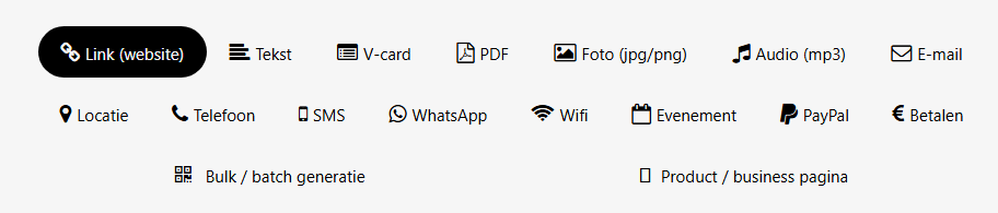 Screenshot van de homepage van gratisqrcode.nl. Alle beschikbare statische QR-code typen staan hier als verschillende knoppen op het scherm