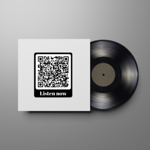 Afbeelding van een witte LP cover met een QR code erop. Net onder de QR code staat 'listen now'. Er is een zwarte LP plaat half uit de cover.