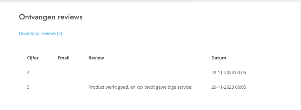 Screenshot van beheerscherm van de review QR code. Hier zijn 2 reviews te zien, het aantal sterren, de beschrijving, en de datum.
