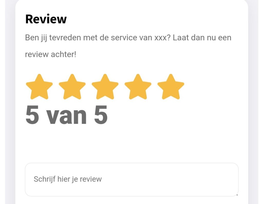 Landingspagina van de review QR code. Hier wordt een aantal sterren, een tekst, en evt. een email achtergelaten, waarna de review verstuurd kan worden.