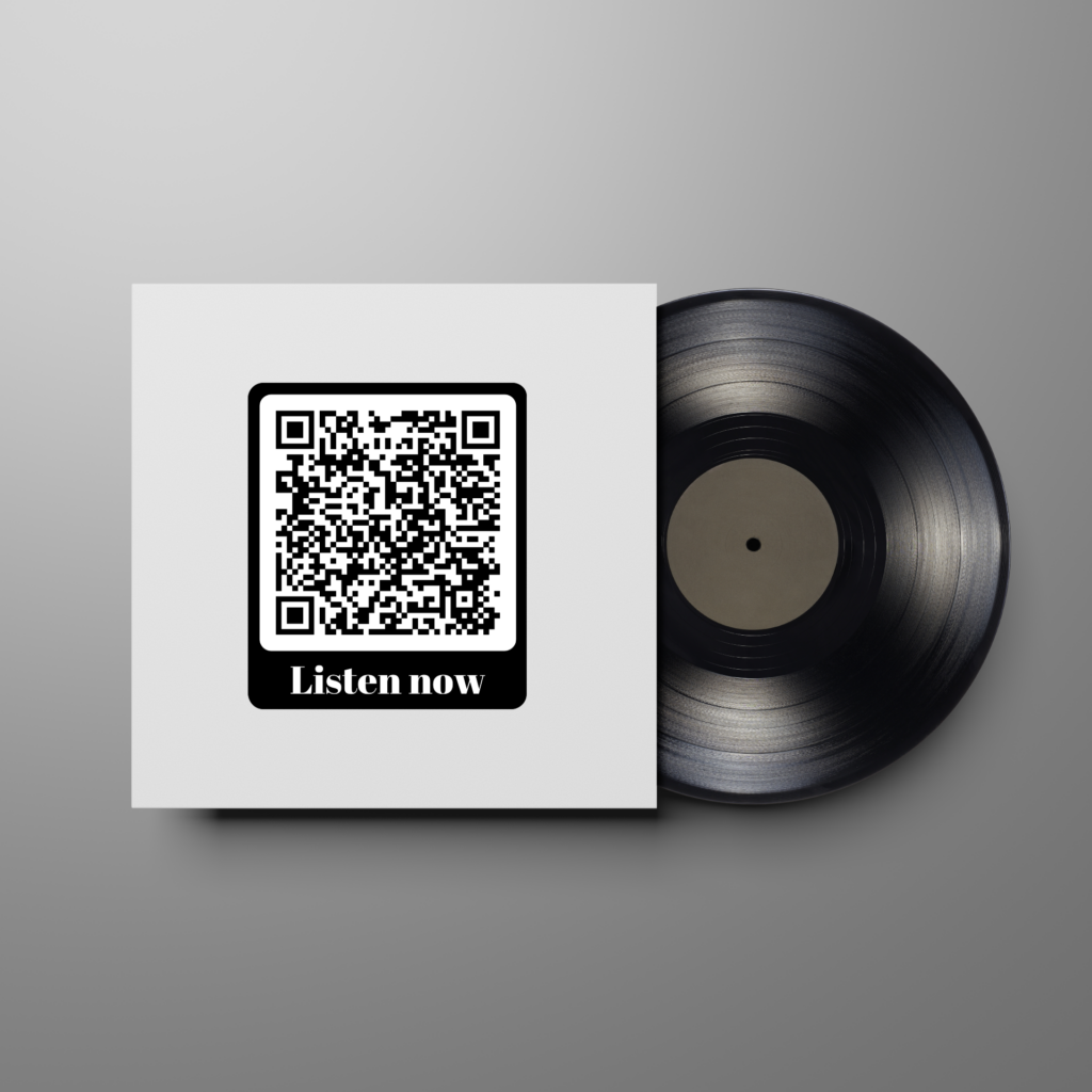 Afbeelding van een witte LP cover met een QR code erop. Net onder de QR code staat 'listen now'. Er is een zwarte LP plaat half uit de cover.