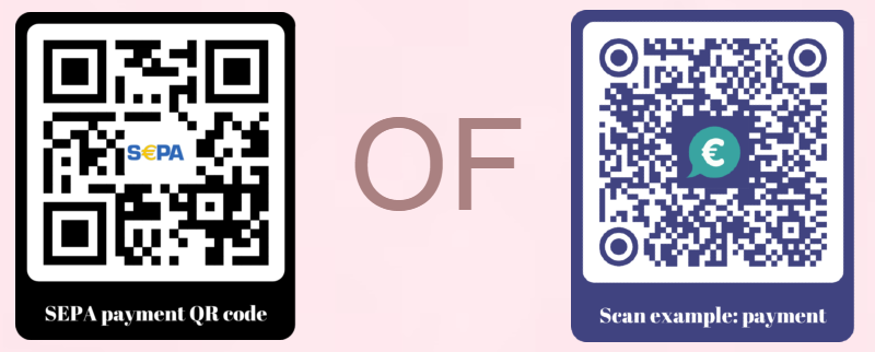 een afbeelding van een europese betalings qr code links, en een iDEAL betalings qr code rechts, met de tekst 'of' in het midden.