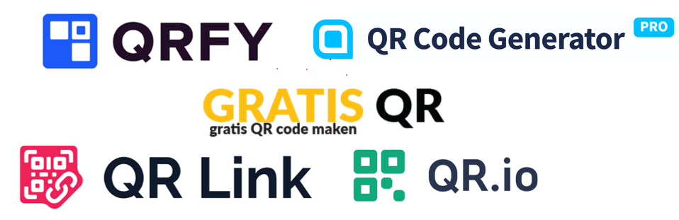 De logo's van de 5 QR code generatoren (QRFY, QR Code Generator, GratisQRCode, QR Link, en QR.io) op een witte achtergrond
